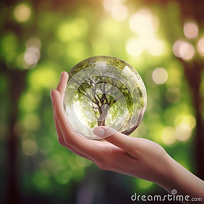 hand holding glass globe ball with tree growing and green nature blur background AI generated Stock Photo