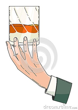 Hand holding glass with strong drink whiskey. Drink whiskey, beverage booze in hand, vintage hand drawing vector Vector Illustration