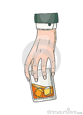 Hand holding glass with strong drink whiskey. Vintage hand drawing vector illustration. Drink tequila or whiskey Vector Illustration