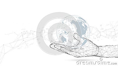 Hand holding with global connection. Lines and particle style Vector Illustration