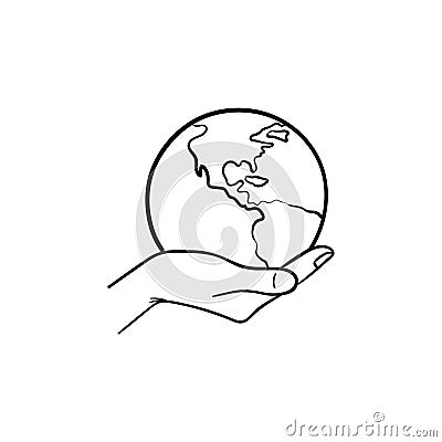 Hand holding the globe hand drawn sketch icon. Vector Illustration