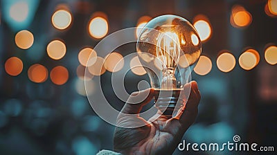 Hand Holding a Glowing Light Bulb at Night Stock Photo