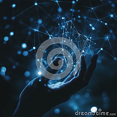 Hand holding glowing plexus mesh in cyberspace representing global network connection Stock Photo
