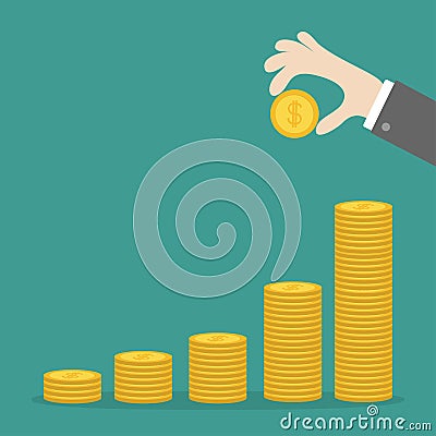 Hand holding gold coin icon. Diagram shape stacks. Dollar sign symbol. Cash money. Going up graph. Income and profits. Growing bus Vector Illustration