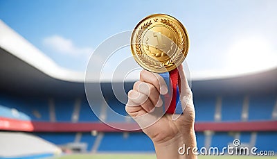 victorious vision: gold medal grasped in no. 1 position Stock Photo