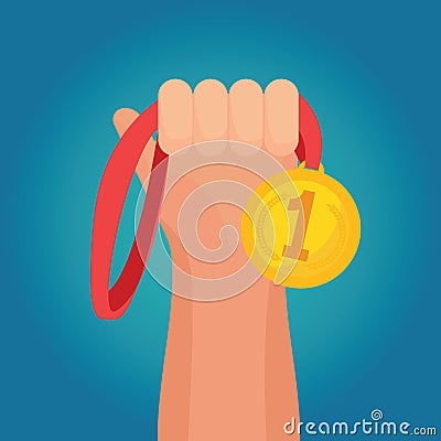 Hand holding golden medal champion prize winner reward Vector Illustration