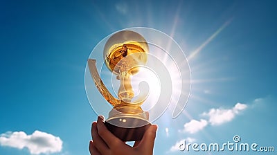 Hand holding golden trophy under the sunlight with blue sky background Stock Photo