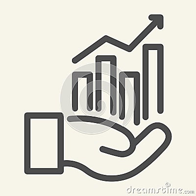 Hand holding graph line icon. Growth chart in palm vector illustration isolated on white. Management outline style Vector Illustration