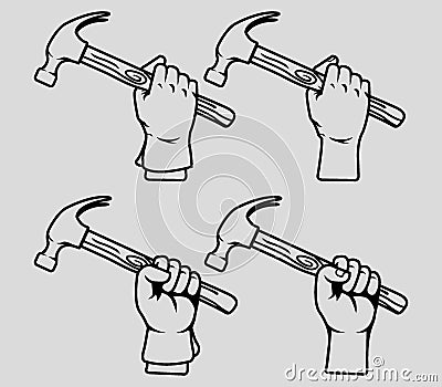 Hand holding hammer line art Vector Illustration