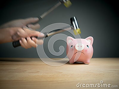 A hand holding a hammer which is raised above a pink sad piggy bank, with a shocked and apprehensive facial expression. Stock Photo