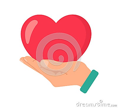 Hand is holding heart. Medical protection, health insurance concept. Symbol of charity, generosity. flat vector illustration Cartoon Illustration