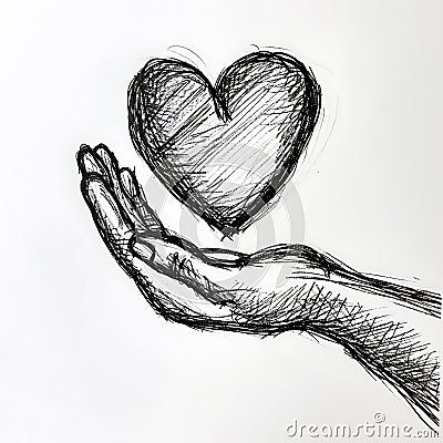 hand holding a heart , pencil drawing, on a white background Stock Photo