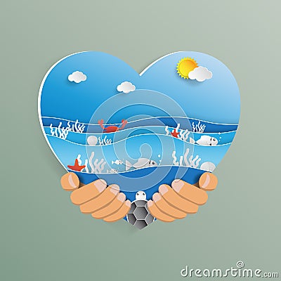 Hand holding heart shape with ocean wave paper art style. Vector Illustration