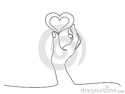 Hand holding heart sign. Continuous one line art Vector Illustration