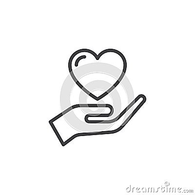 Hand holding heart, trust line icon, outline vector sign, linear style pictogram isolated on white. Vector Illustration