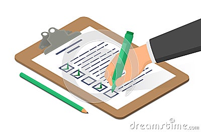 Hand holding highlighter checking list on clipboard accompanied by pencil Vector Illustration