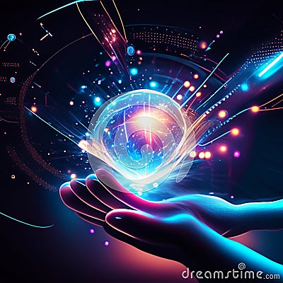 Hand holding a holographic planet earth in front of a dark background AI generated Stock Photo