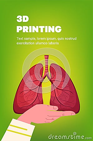 hand holding human transplantation lungs organ model prints on 3d bio printer medical printing biological engineering Vector Illustration