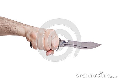 Hand holding a hunting knife in a stabbing gesture Stock Photo