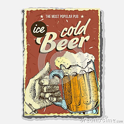 Hand Holding Ice Cold Foamy Beer Glass Vector Vector Illustration