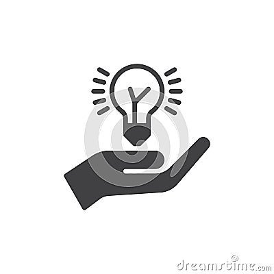 Hand holding idea bulb icon vector, filled flat sign, solid pictogram isolated on white. Idea sharing symbol, logo illustration. Vector Illustration