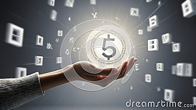 Hand Holding Illuminated Number Five with Floating Digits, Digital Art Concept Stock Photo