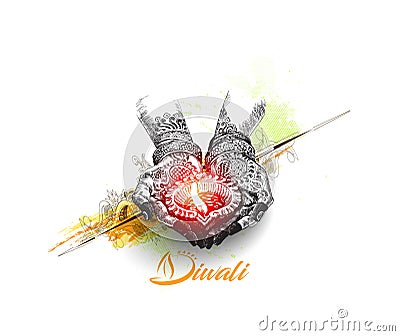 Hand holding Indian oil lamp - diya, Diwali festival Vector Illustration