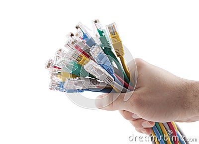 Hand holding internet cables Stock Photo