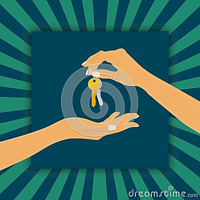 The hand holding the key chain is the seller or the owner and the arm receiving the house key is the buyer or purchaser. Vector Illustration