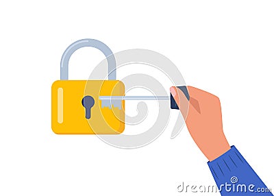 Hand holding key to unlock padlock. Metal key and a yellow lock. Vector illustration Vector Illustration