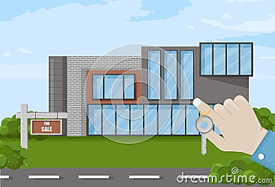 Hand holding keys house for sale Vector. architecture facade. Real estate templates Vector Illustration