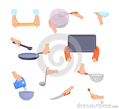 Hand holding kitchen tools. Hands with kitchenware for cooking food, spoon pan cutting knife utensils mixer whisk pot Vector Illustration