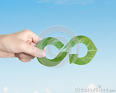 Hand holding leaf in arrow infinity recycling shape, circular economy Stock Photo