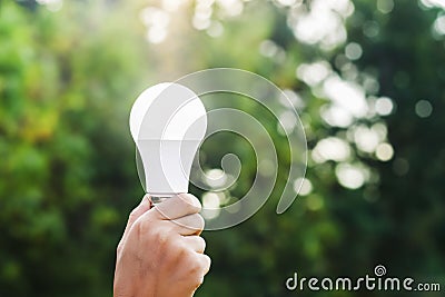 hand holding led bulb on green nature background and sunshine. Stock Photo