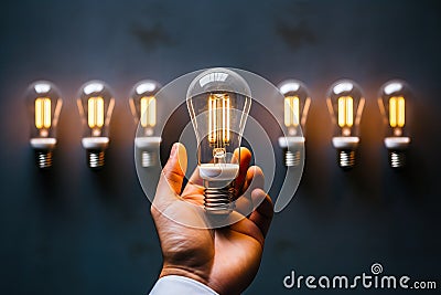 Hand holding a light bulb on the background of many incandescent bulbs Stock Photo