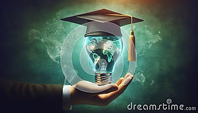 Hand holding light bulb with the earth inside and graduation cap on top. Concept Education& x27;s Role in Global Issues Cartoon Illustration