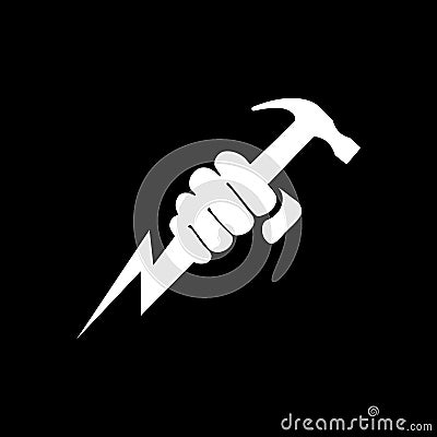 Hand holding lightning bolt and hammer icon. Power fist. Electric energy Vector Illustration