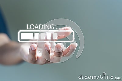 Hand holding loading bar icons. communication digital data transfer. sending message online search social networks. connect server Stock Photo