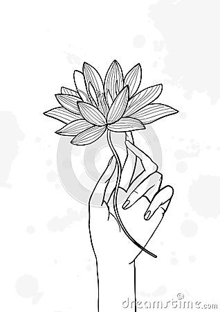 Hand holding lotus flower. Contour hand drawn illustration. yoga, meditation, awakening symbol. Vector Illustration