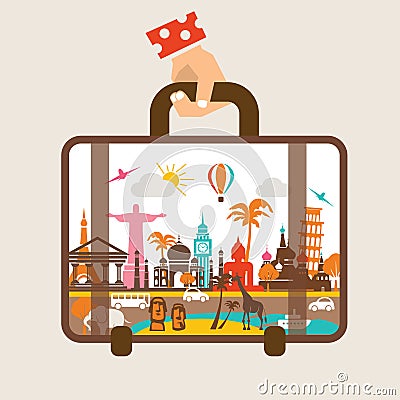 Hand holding luggage, travel around the world Vector Illustration