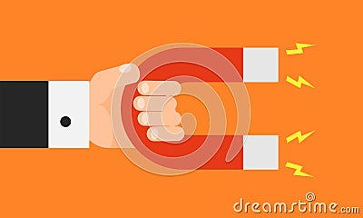 Hand holding magnet. Magnetic force. Business concept. Vector illustration Vector Illustration