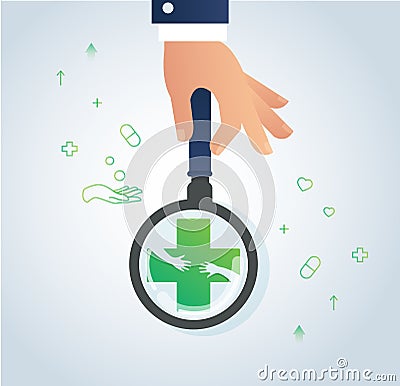 Hand holding the magnifying glass and healthcare and medical icon design logo symbol vector Vector Illustration