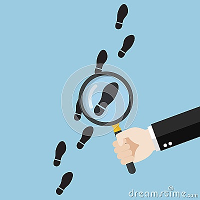 Hand holding magnifying glass over footsteps Vector Illustration