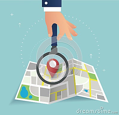 Hand holding the magnifying glass and pin location icon and map vector, the concept of travel Vector Illustration