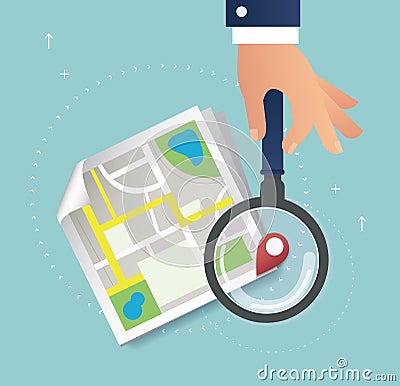 Hand holding the magnifying glass and pin location icon and map vector, the concept of travel Vector Illustration