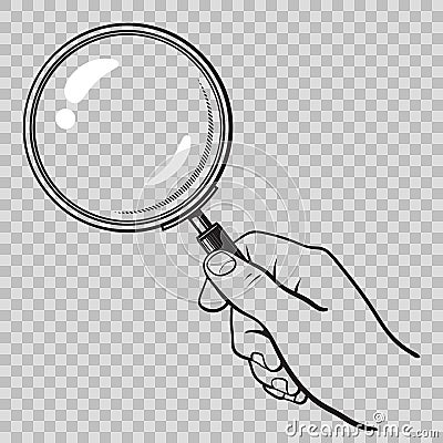 Hand holding magnifying glass on transparent background Vector Illustration