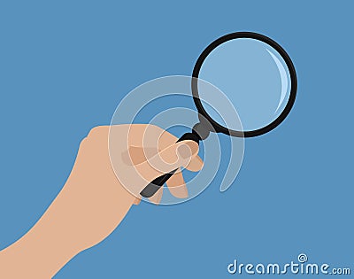 Hand holding magnifying glass.Vector illustration. Flat style. Mock up with transparent glass. Isolated on blue. Searching, detect Cartoon Illustration