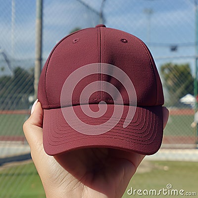 Hand Holding Marron Dad Hat mockup With Baseball Field Background Mockup Dad Cap Mockup Marron Red baseball Hat Mockup Stock Photo