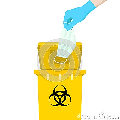 Hand holding a mask is above the yellow bin, with the symbol of infectious waste. How to discard the surgical mask correctly. Vector Illustration