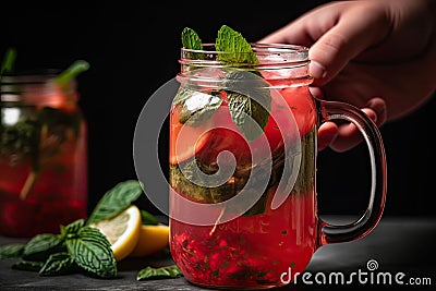 a person holding a mason jar filled with water. Generative Ai Stock Photo